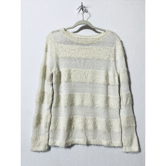 LOFT Womens Large Striped Sequin Eyelash Knit Sweater Ivory White Wool Boho - Picture 2 of 8